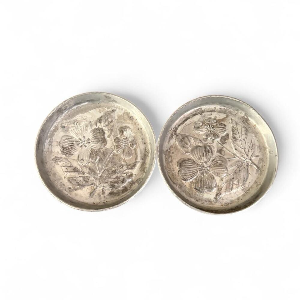 Vintage Stede Pewter Floral Coasters Set of 2 Embossed Flowers Patina